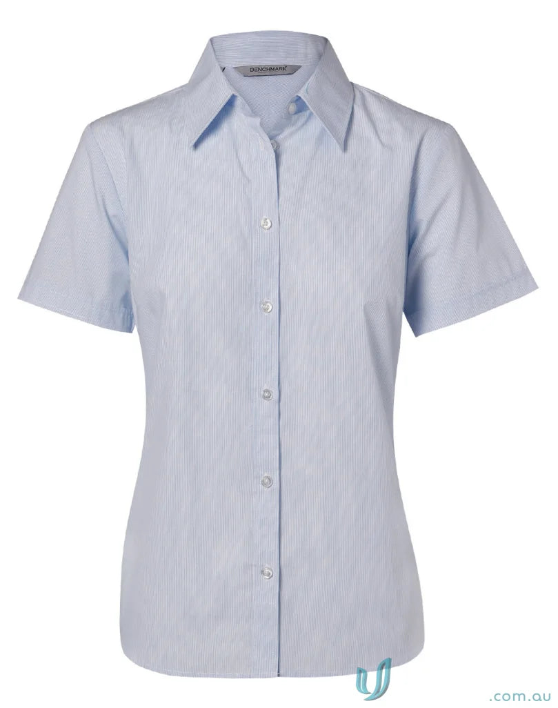 Light blue womens fine stripe short sleeve shirt from Winning Spirit for a casual look