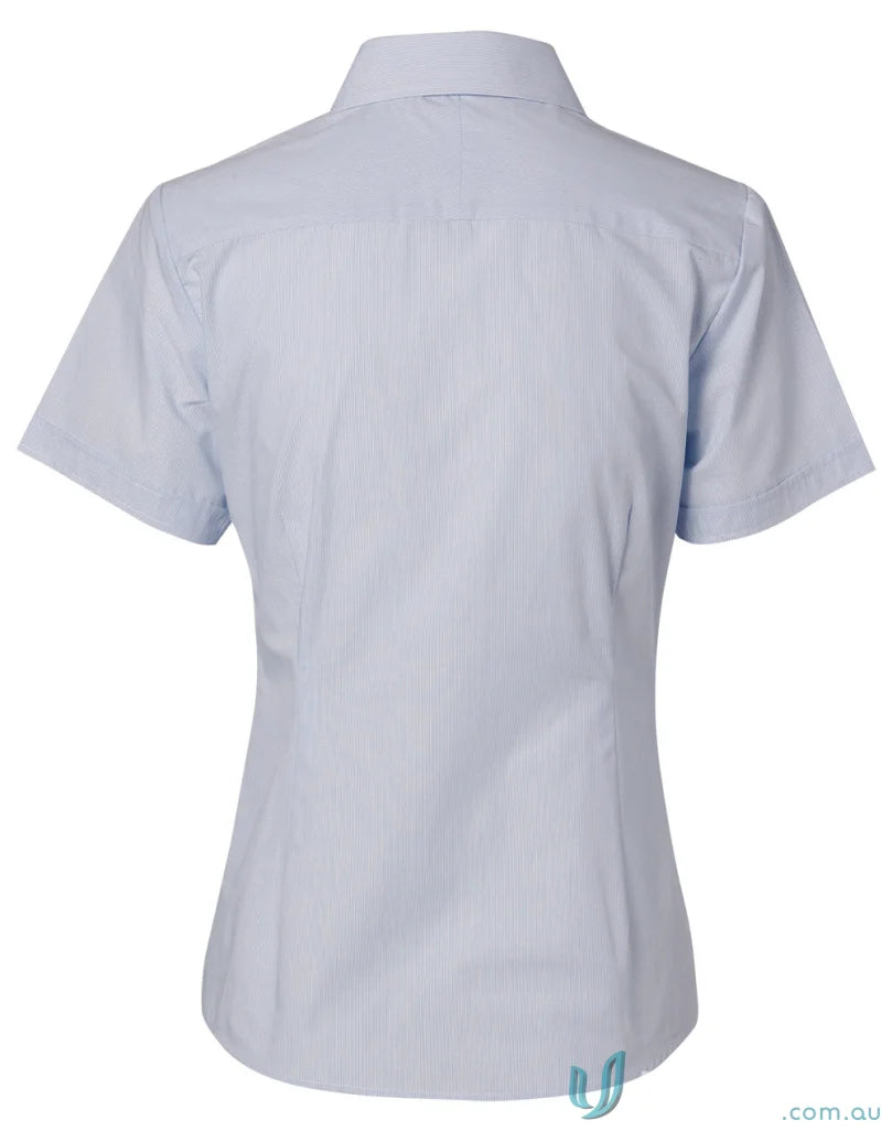 Light blue womens fine stripe short sleeve shirt from Winning Spirit showcasing stylish design