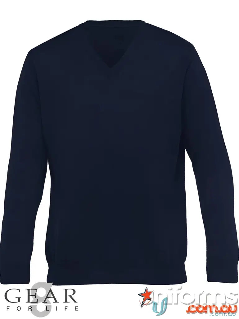 Navy blue Womens Merino Pullover with V-neck and 1x1 rib, perfect for uniforms