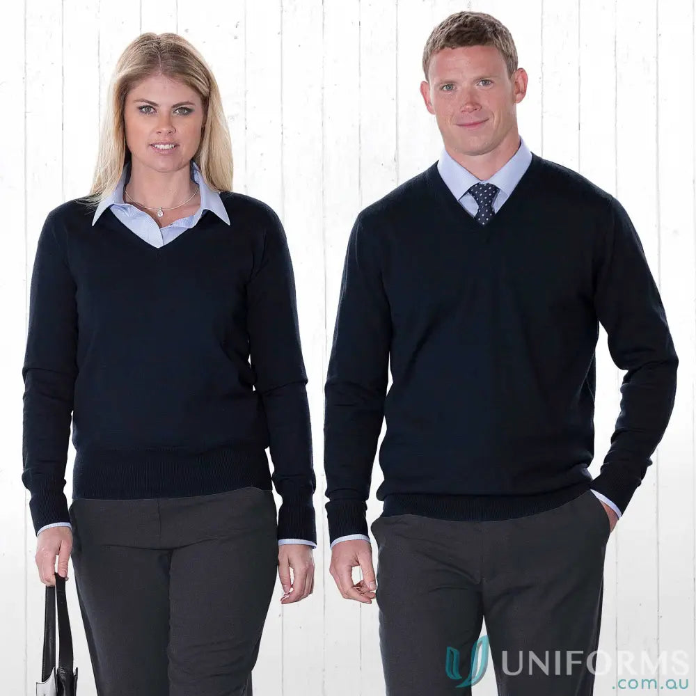 Women wearing dark blue merino wool V-neck pullovers with 1x1 rib, perfect for uniforms