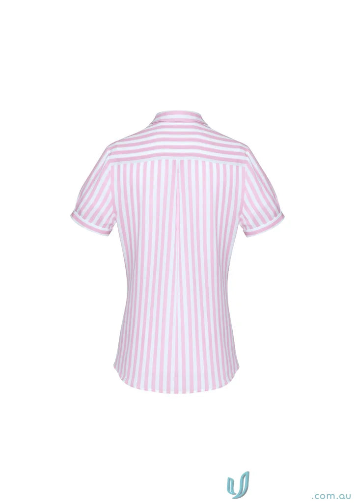 Pink and white striped short-sleeved shirt from Womens Verona S/S Shirt, perfect for work uniforms