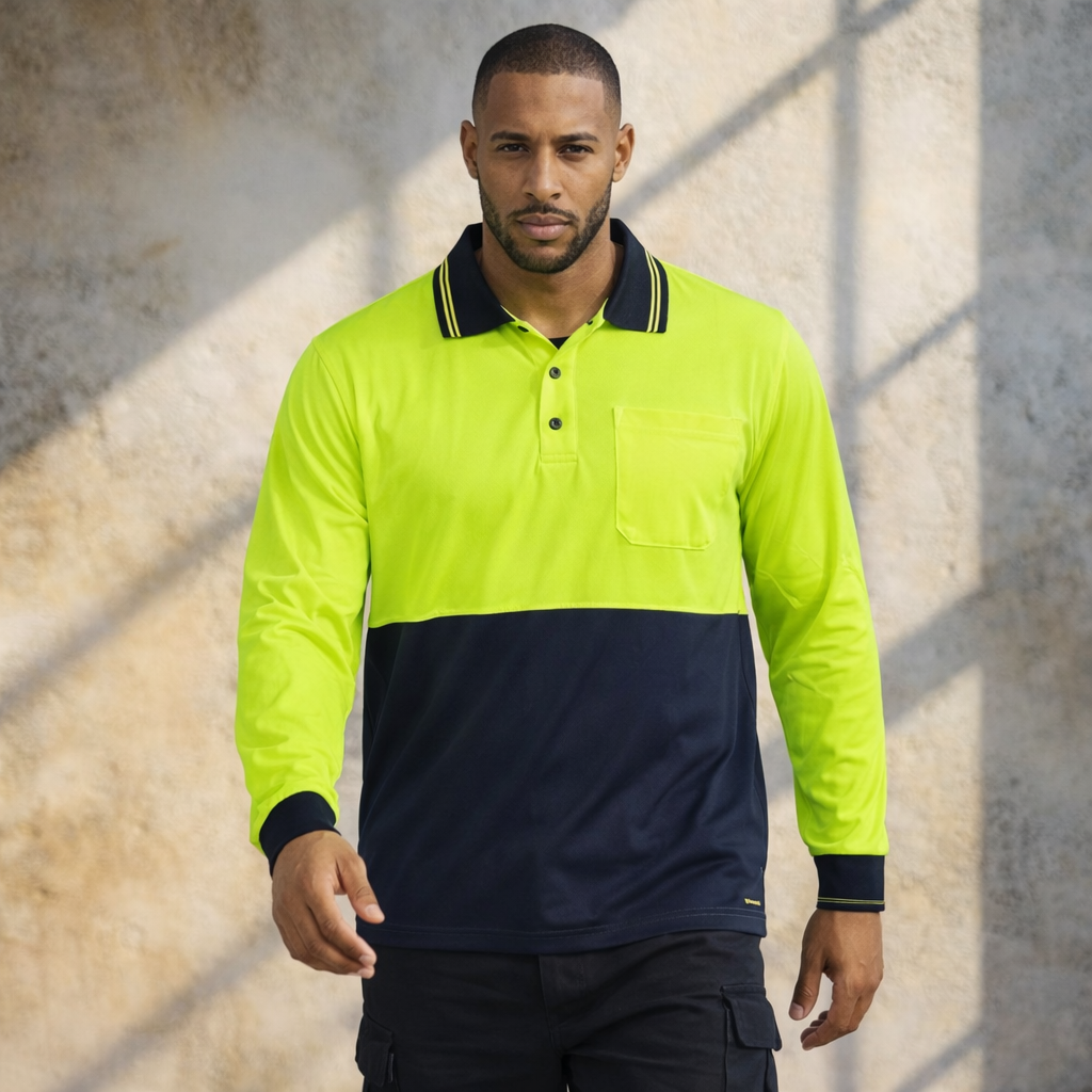WorkCraft HiVis lightweight LS polo in neon yellow, navy, double stripe workwear uniforms