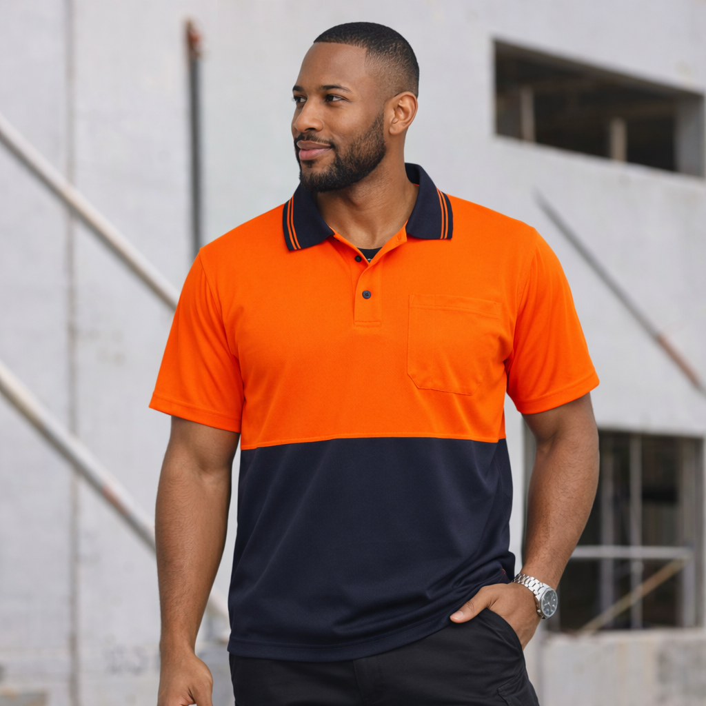 WorkCraft HiVis lightweight ss polo in bright orange navy two-tone with striped collar