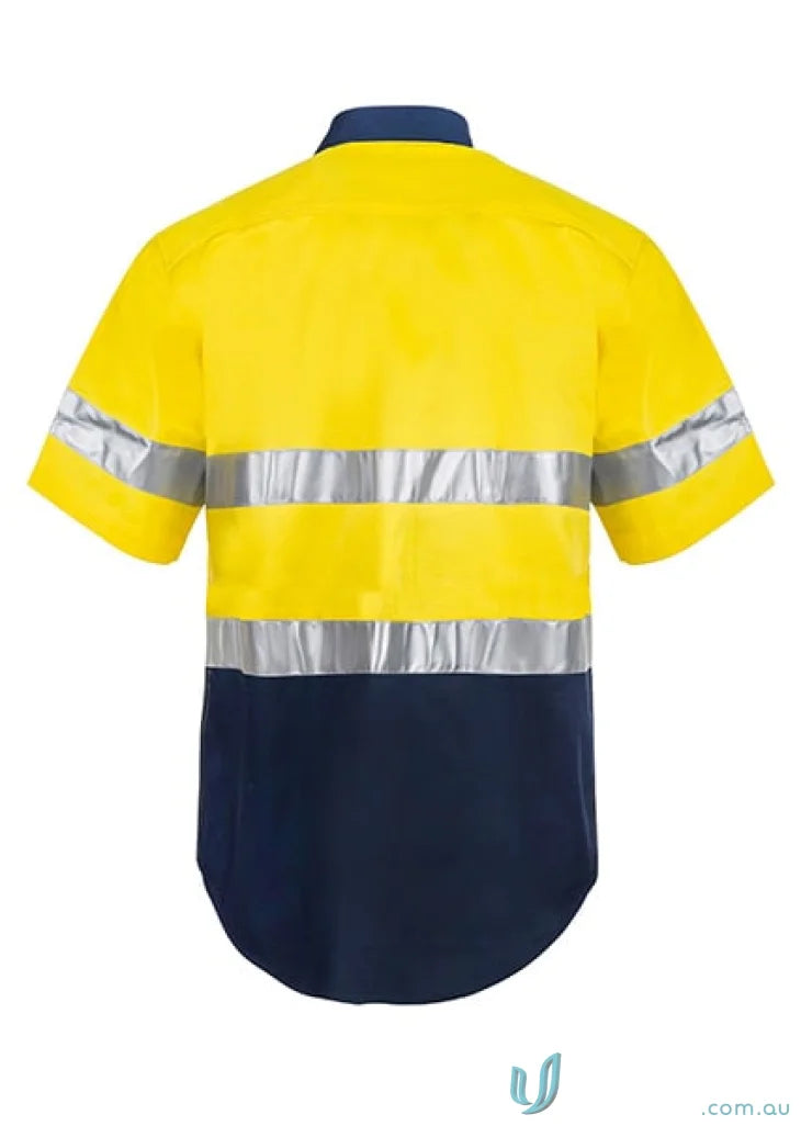 Yellow and navy blue WorkCraft HiVis S/S Shirt with reflective tape for work uniform safety