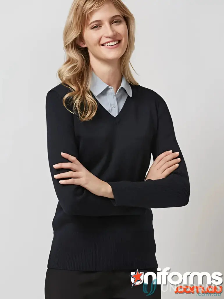 Woman wearing navy V-neck Milano Knit Jumper from YR Ladies Collection Ladies Milano