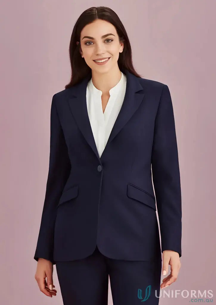 Navy blue YR Ladies EMB Longline Jacket from Biz Collection Siena with stretch lining