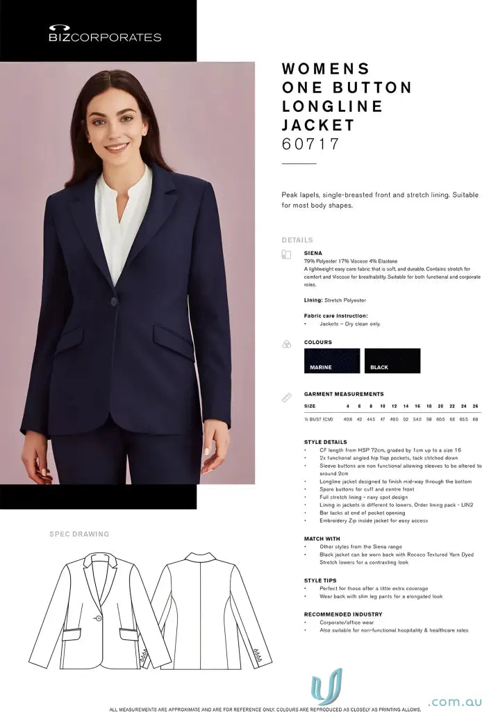 Women’s one-button longline jacket with stretch lining from Biz Collection Siena
