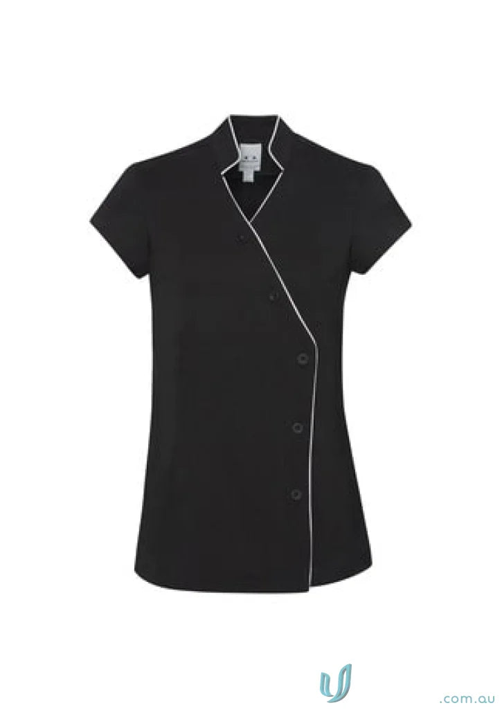Womens Zen mandarin collar tunic with stain release, black with white trim