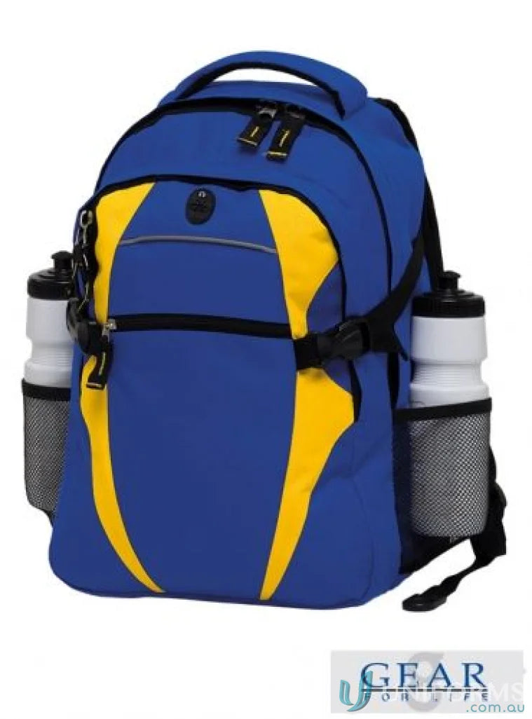 Blue and yellow Zenith Backpack with mesh backed design and water bottle holders
