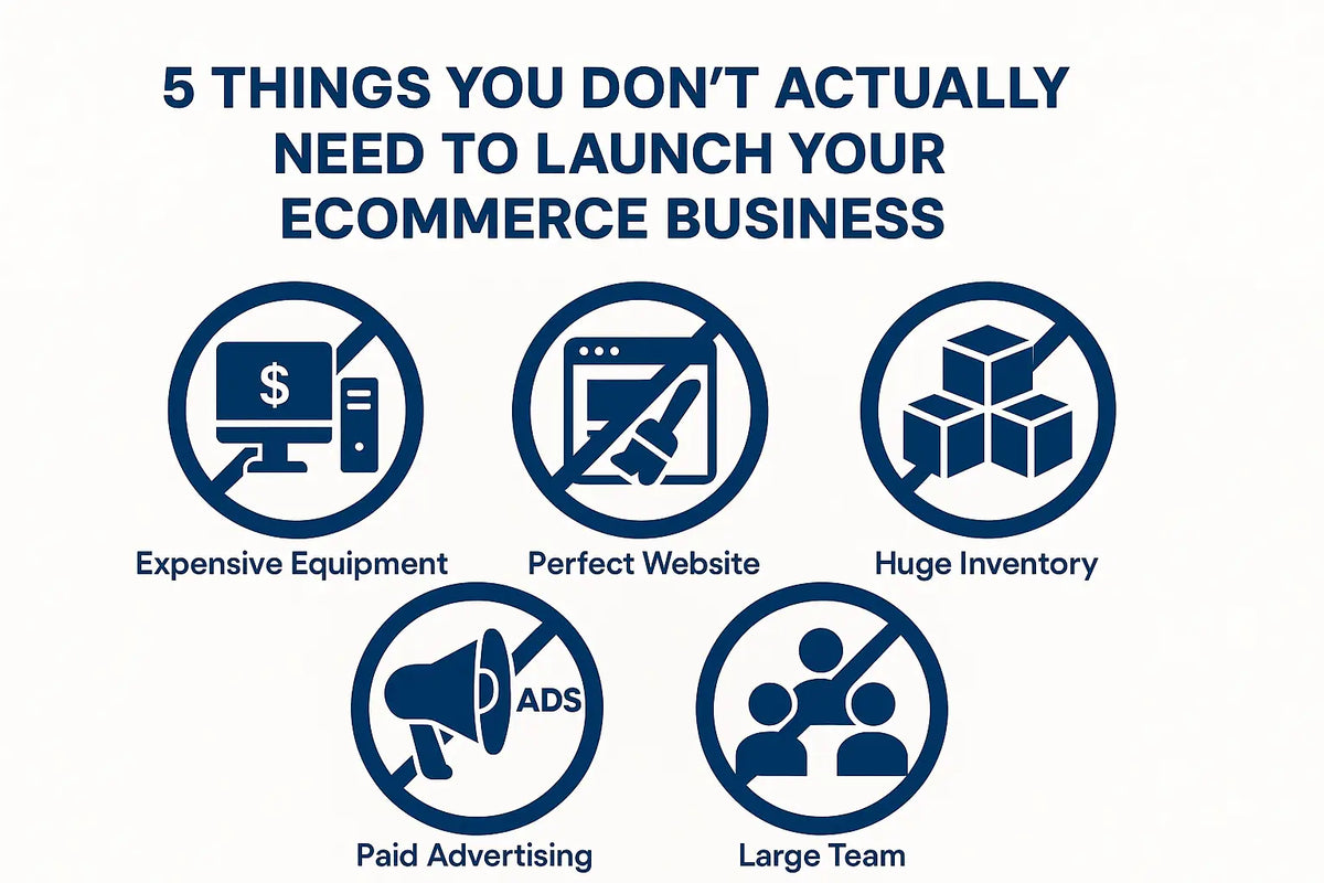 Blue ecommerce icons with white text show essentials for ecommerce business tips