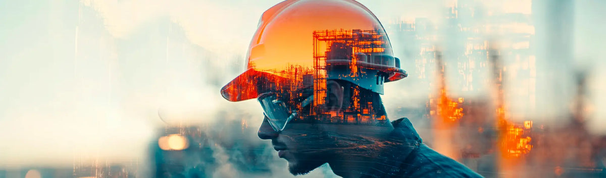 Construction worker with industrial scene, wearing PPE eye accessories and workwear