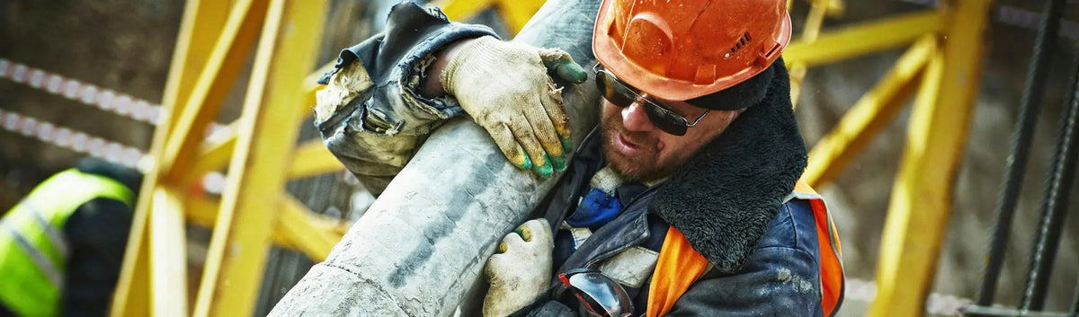 Construction worker carrying pipe with PPE lead stands and lead hooks, wearing uniform