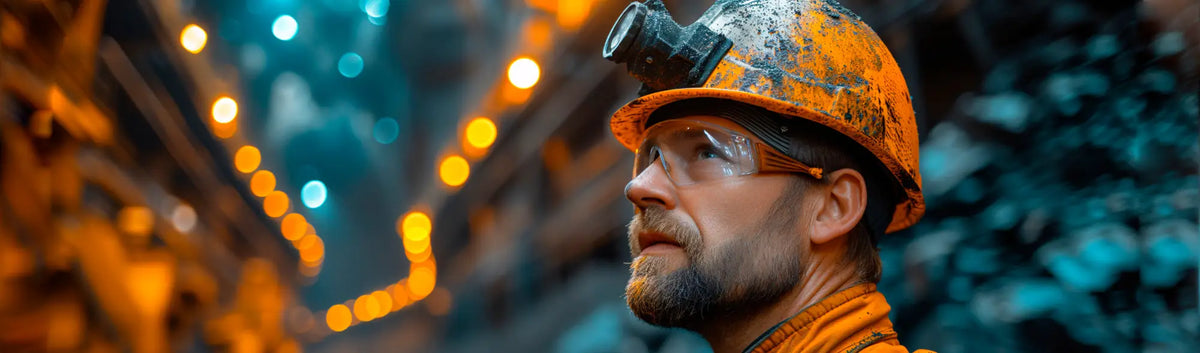Miner wearing a mining hard hat with headlamp, part of the PPE Mining Hard Hats collection