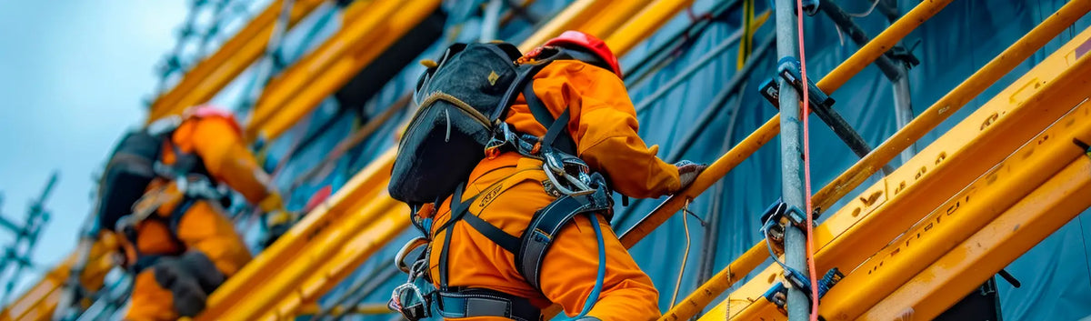 Construction workers climbing scaffolding with high-quality safety harnesses for maximum safety equipment.