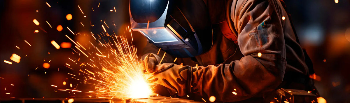 Welder in PPE welding protection with sparks, showcasing welding safety gear