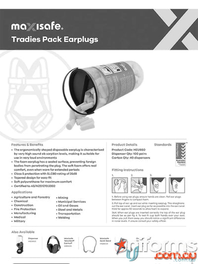 Tradies Pack Earplugs in workwear and uniforms for safety, 100pk MaxiPlug Uncorded
