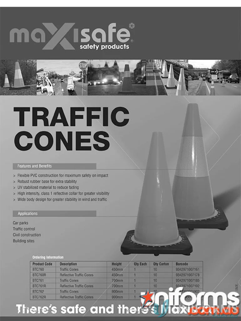 Traffic cones product sheet with 10pk Reflective Traffic Cones for work uniforms