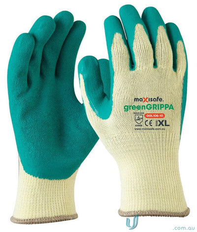 Green grippa knitted work gloves in beige and green for better grip and comfort