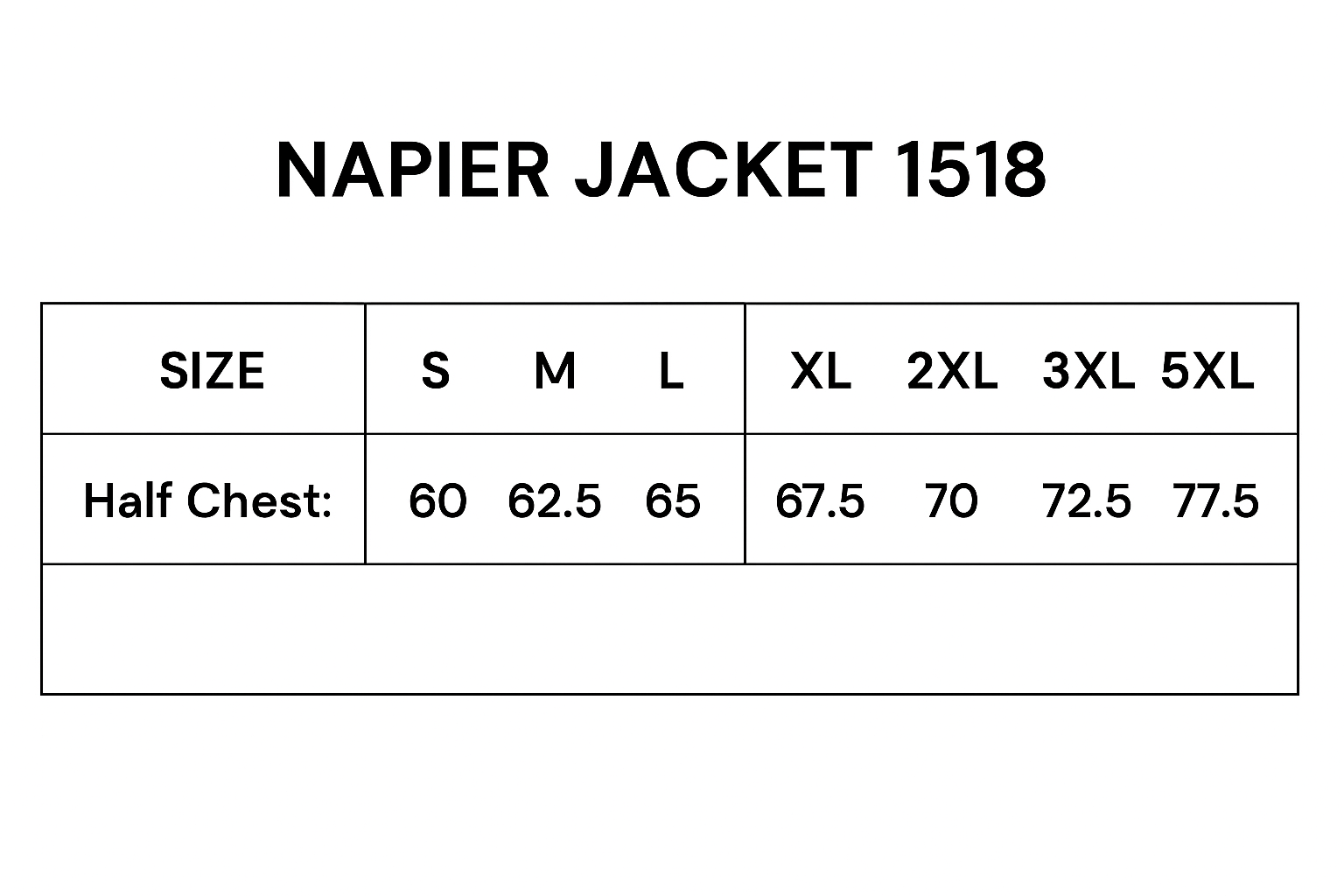 Napier Jacket size chart