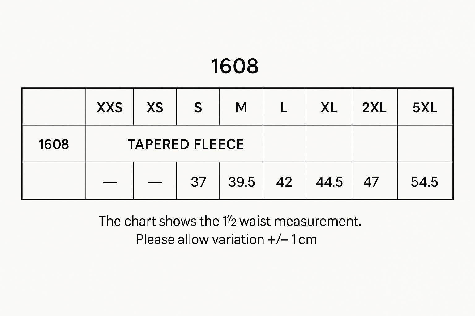 Tapered- Fleece Mens Pants size chart