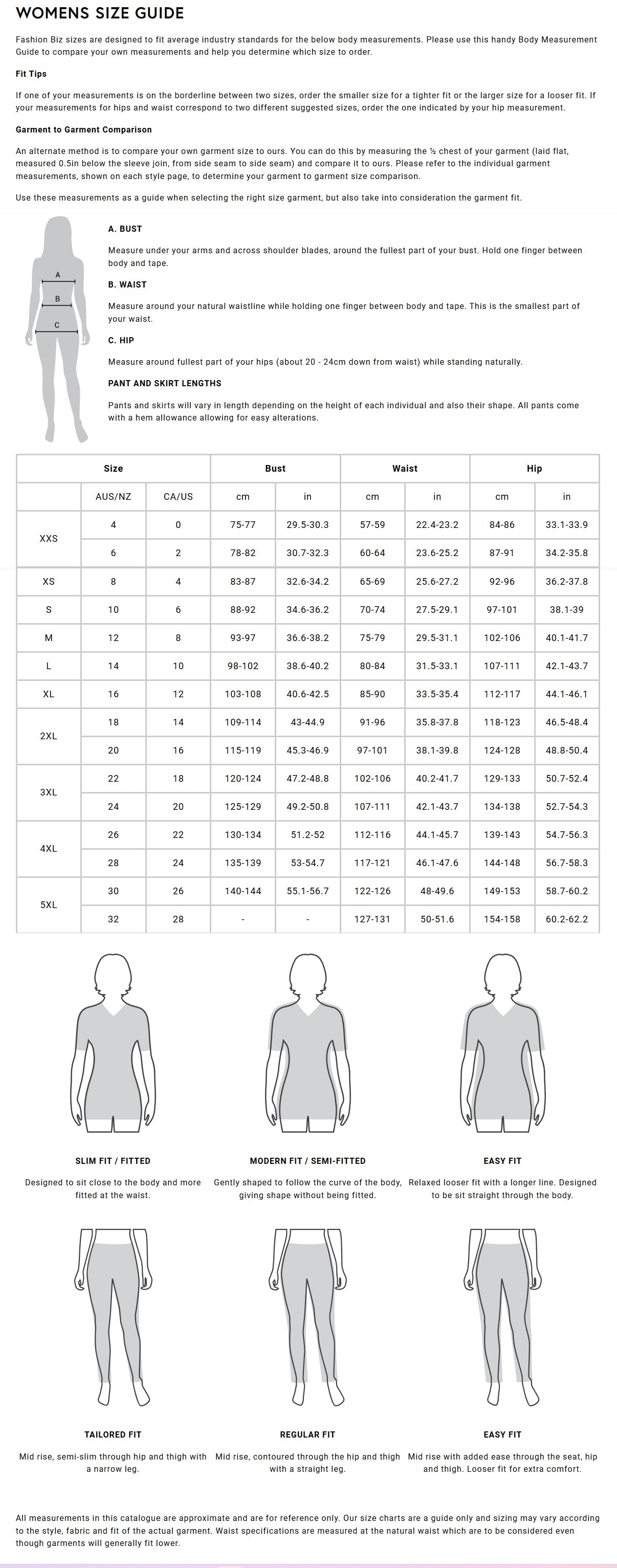 Beaumaris Ladies 3Q Shirt size chart