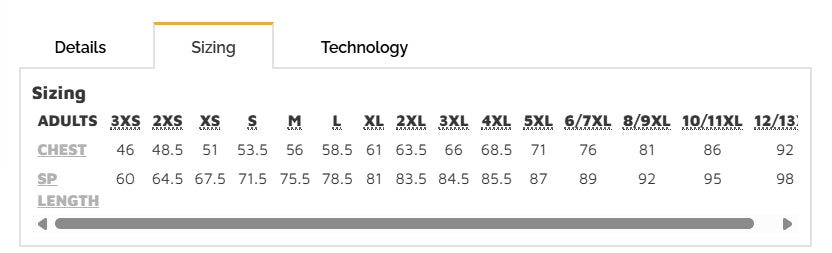 1HT Blue Tee size chart
