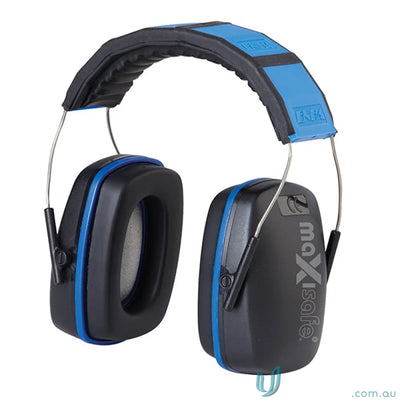 Blue and black noise-canceling earmuffs with headband tension for workwear comfort
