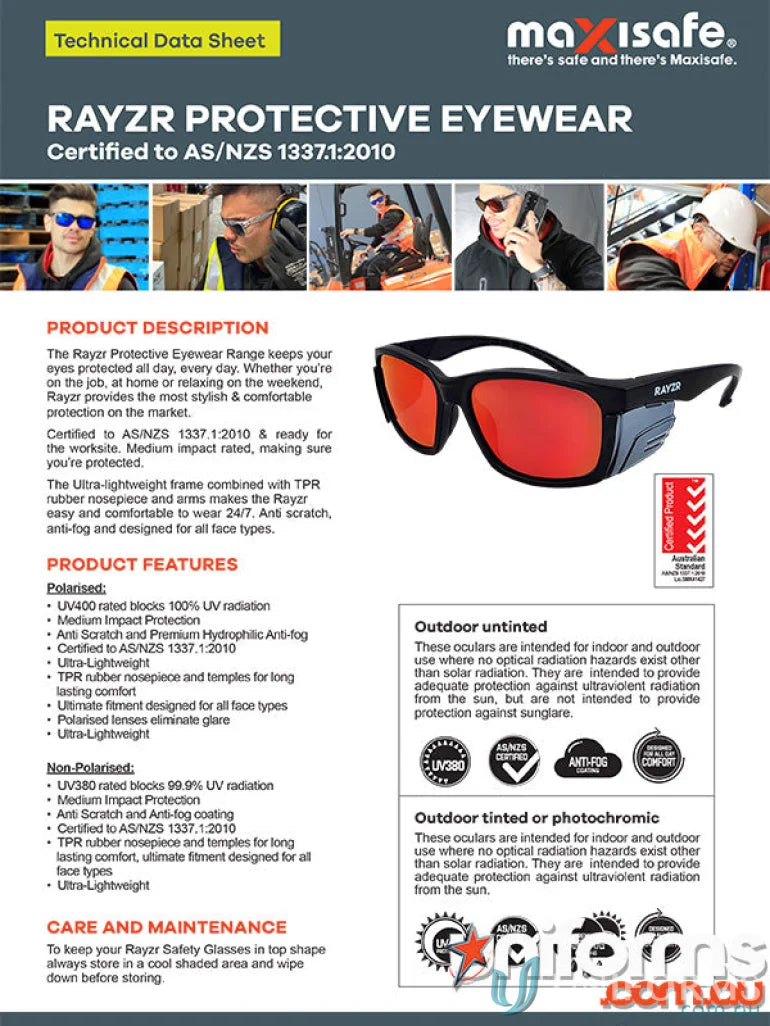 Protective eyewear product sheet for 1pk Rayzr Safety Glasses with TPR rubber nosepiece