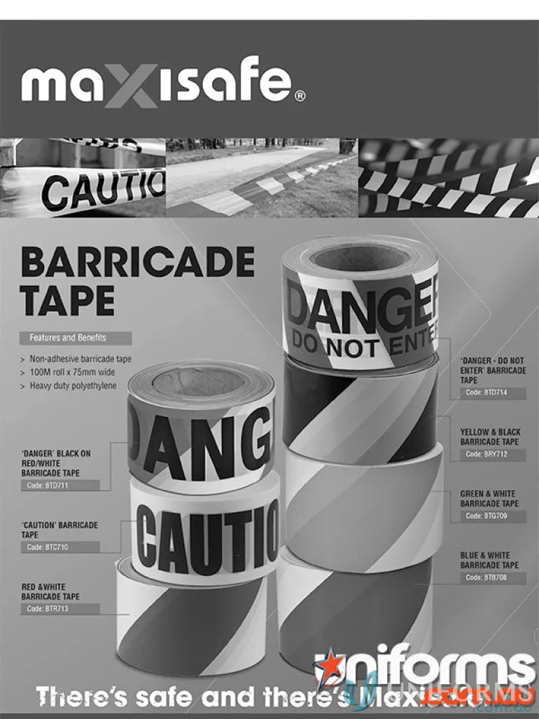 Blue and white barricade tape rolls for workwear and safety uniforms display