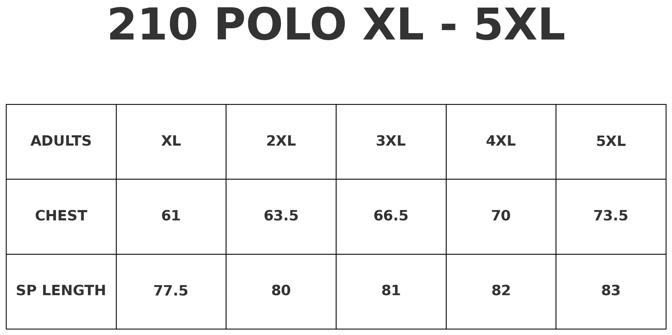 Adult Dark 210 Polo size chart