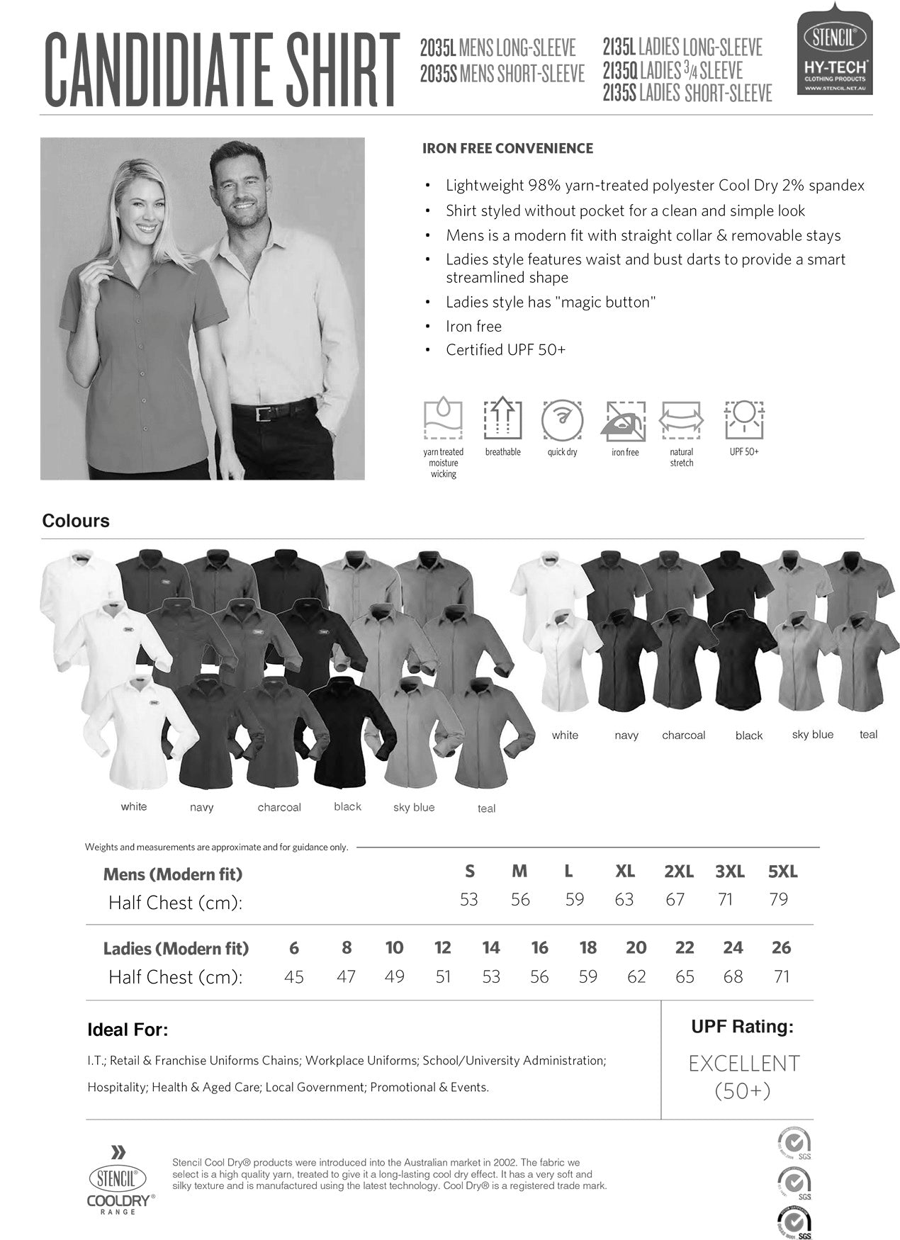 Candidate Ladies 3/4 Sleeve Shirts size chart