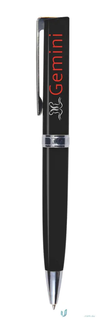 Black pen with silver accents showcasing Gemini Pen as a top promotional product with black ink