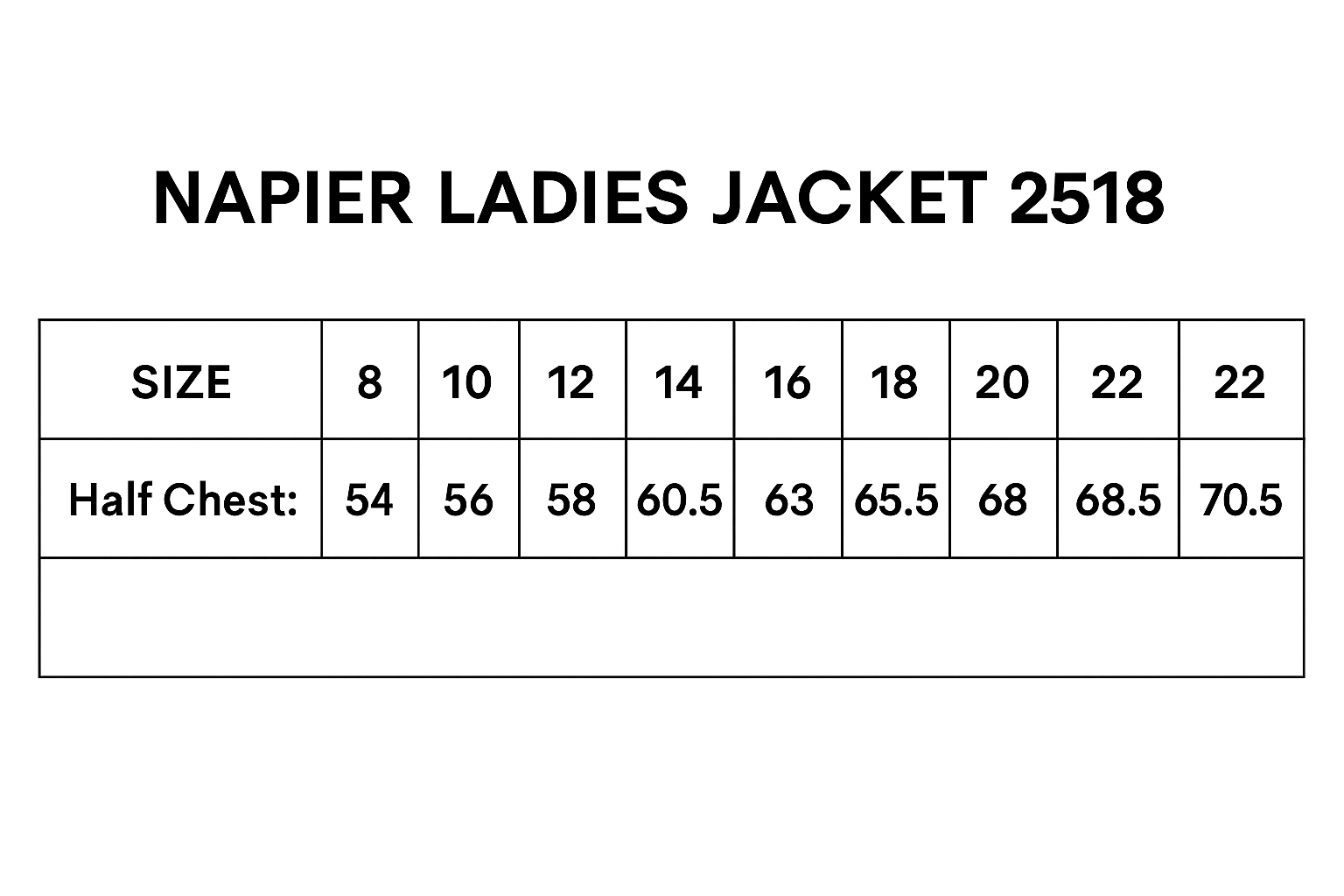 Napier Ladies Jacket size chart