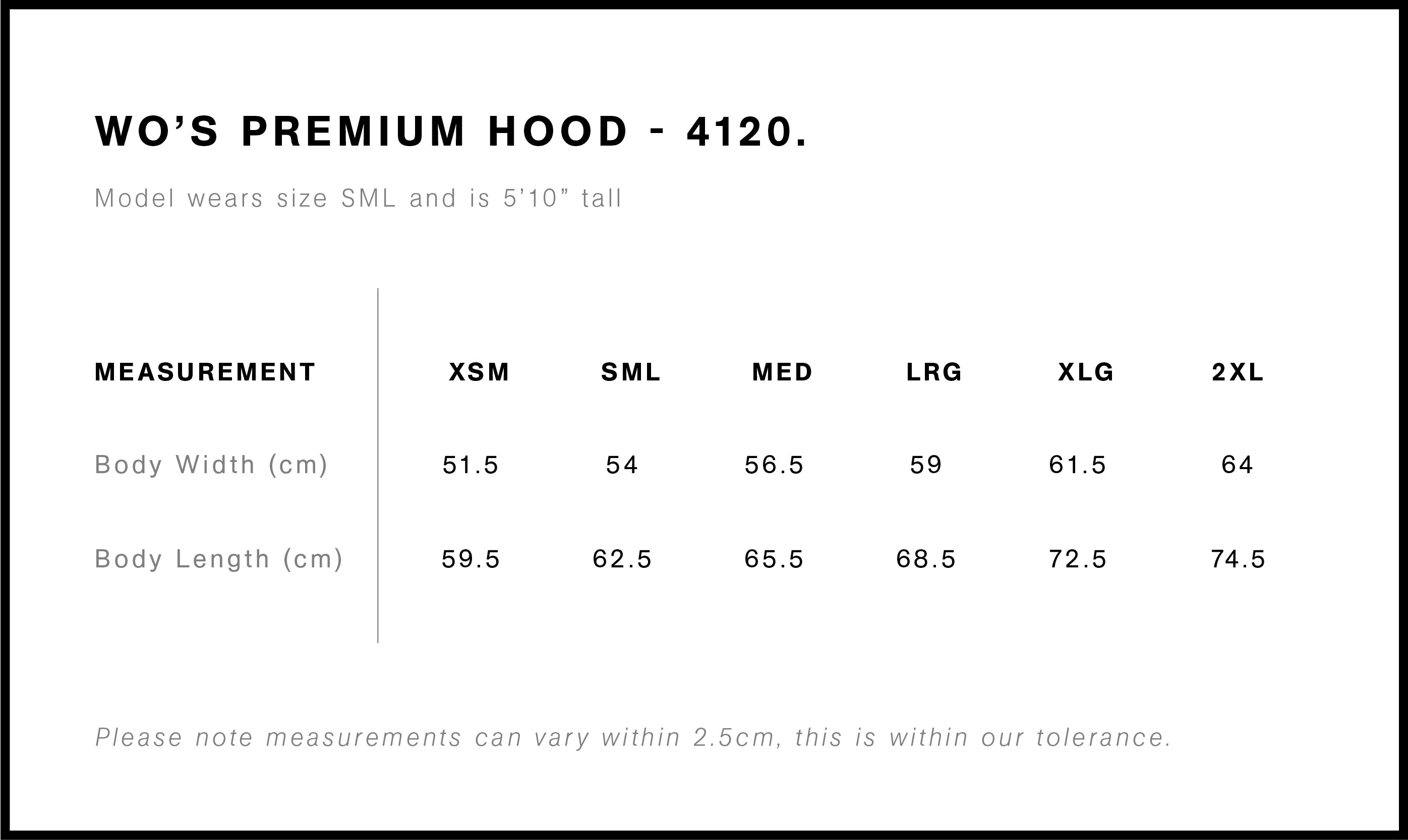 Womens Premium Hoodie size chart