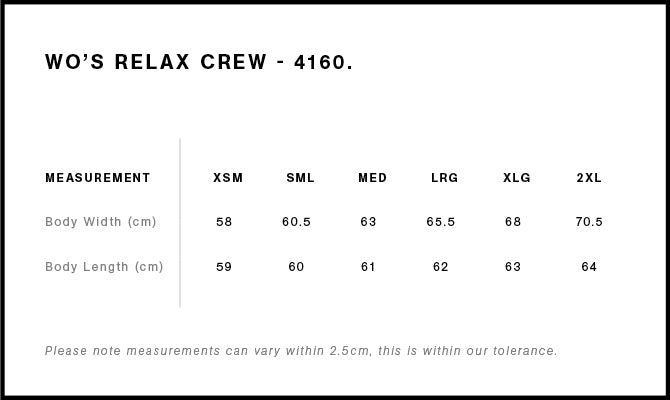 Wo's Relax Crew 4160 size chart
