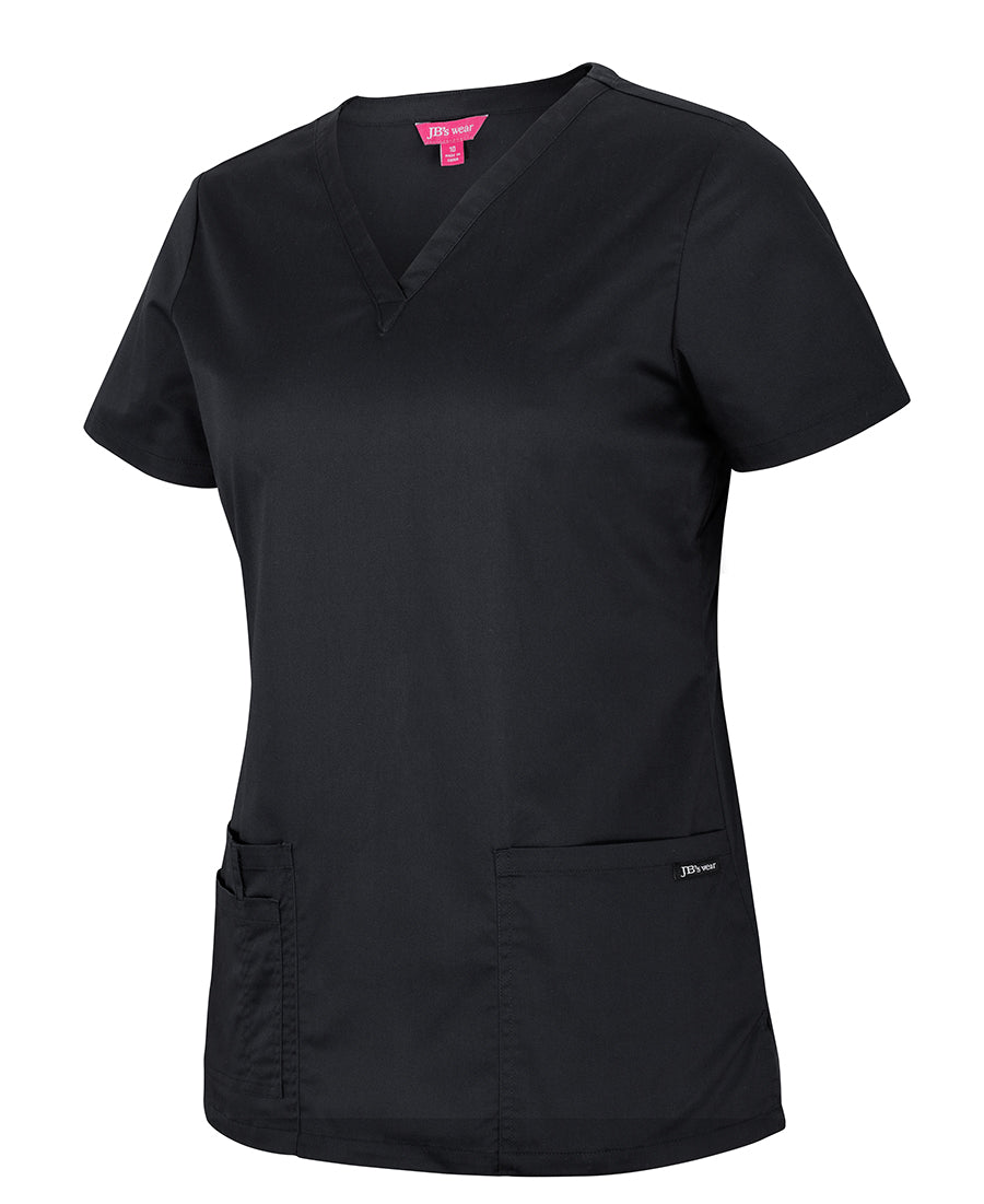 Ladies premium black short-sleeved v-neck scrub top with two front pockets perfect for work uniforms and workwear