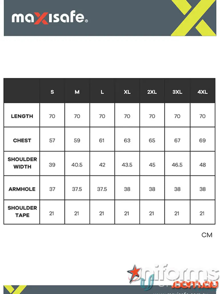 Clothing size chart for workwear and safety vests in the 50pk Maxisafe Hi-Vis Orange Safety Vest collection