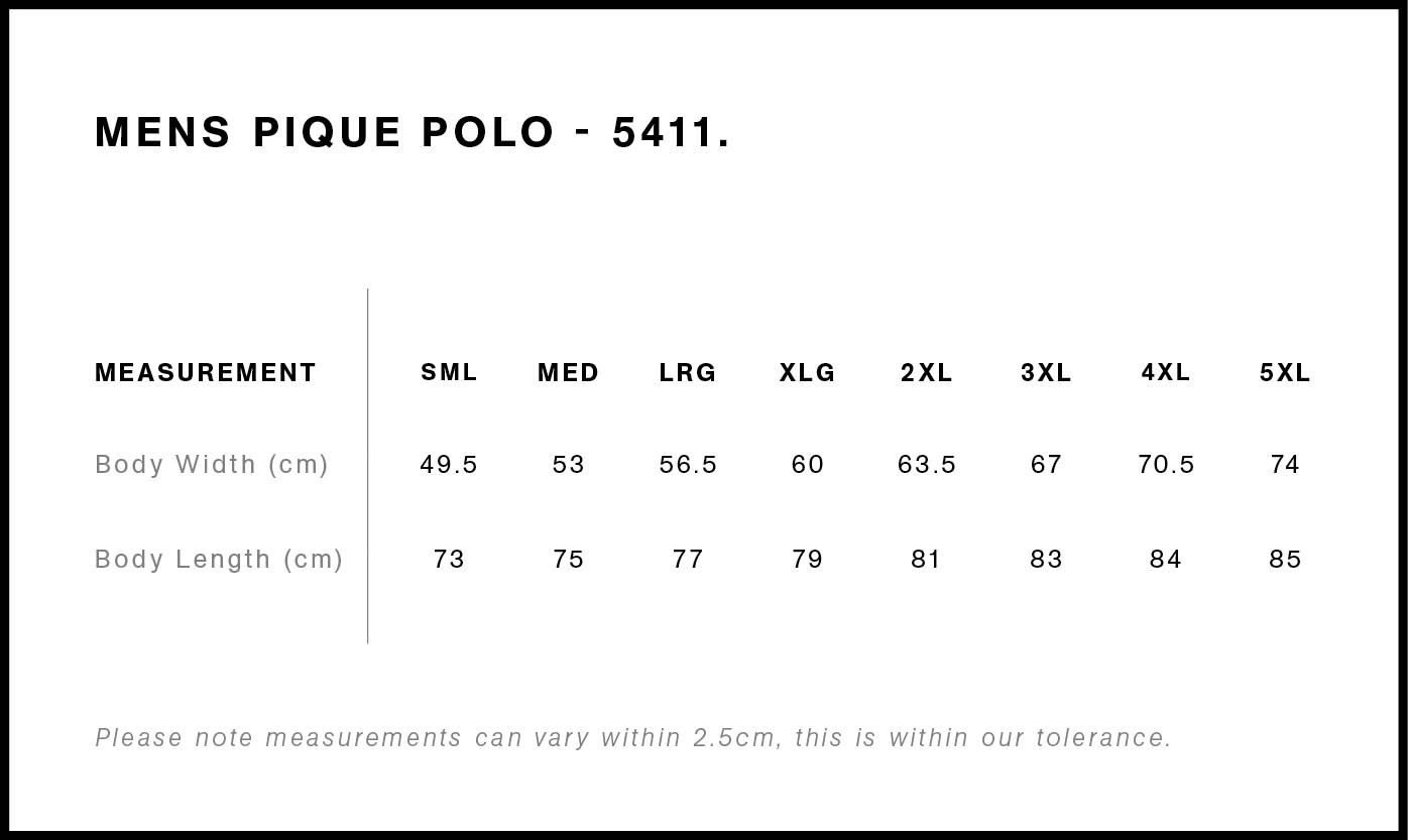 Pique Polo | 5411 size chart