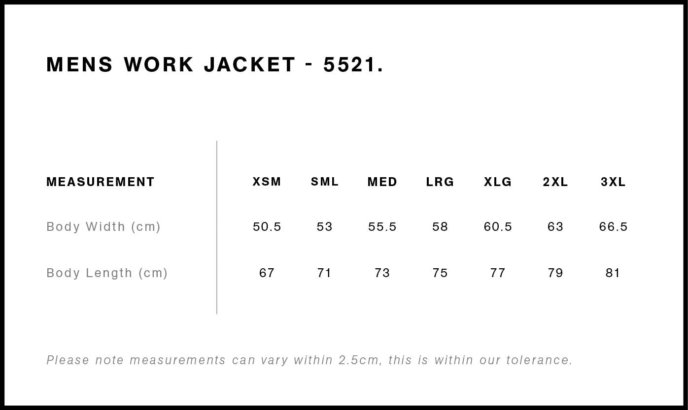 AS Work Jacket size chart