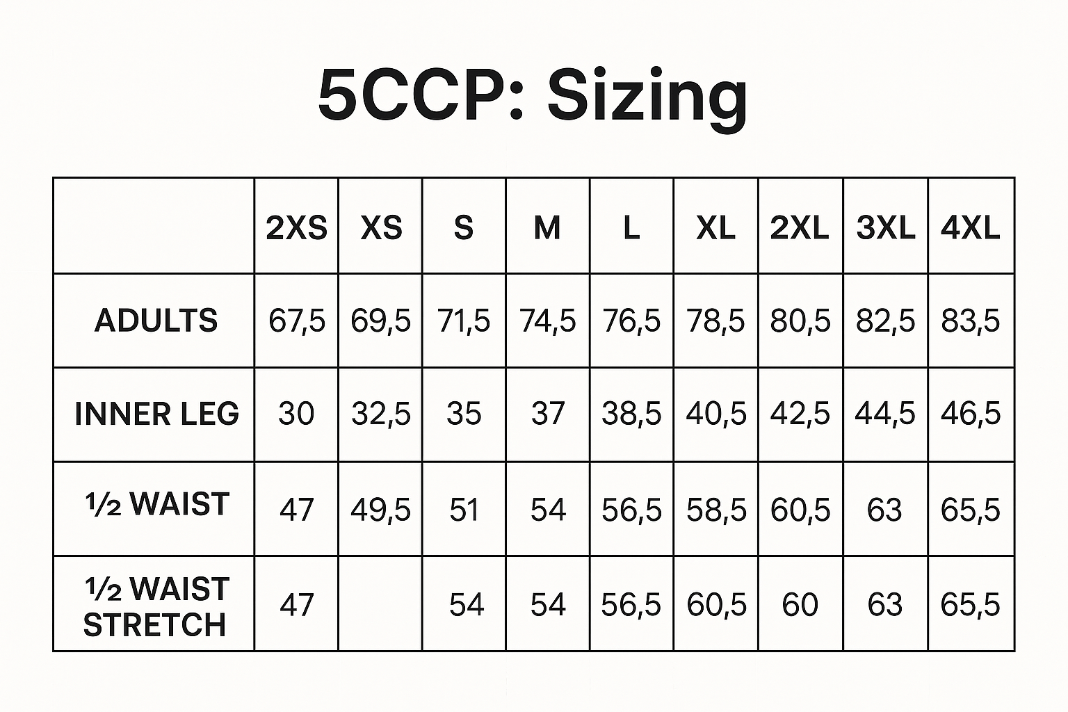 Bobbin Chefs Elasticated Pant size chart