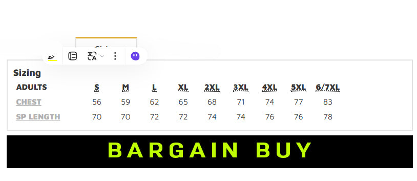 Bobbin HiVis Vest size chart