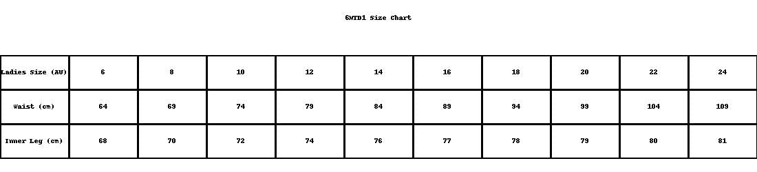Ladies Multi Pocket Stretch Twill Pant size chart