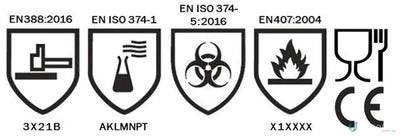 Safety glove rating symbols on 6pk Harpoon Green Latex Gauntlet workwear