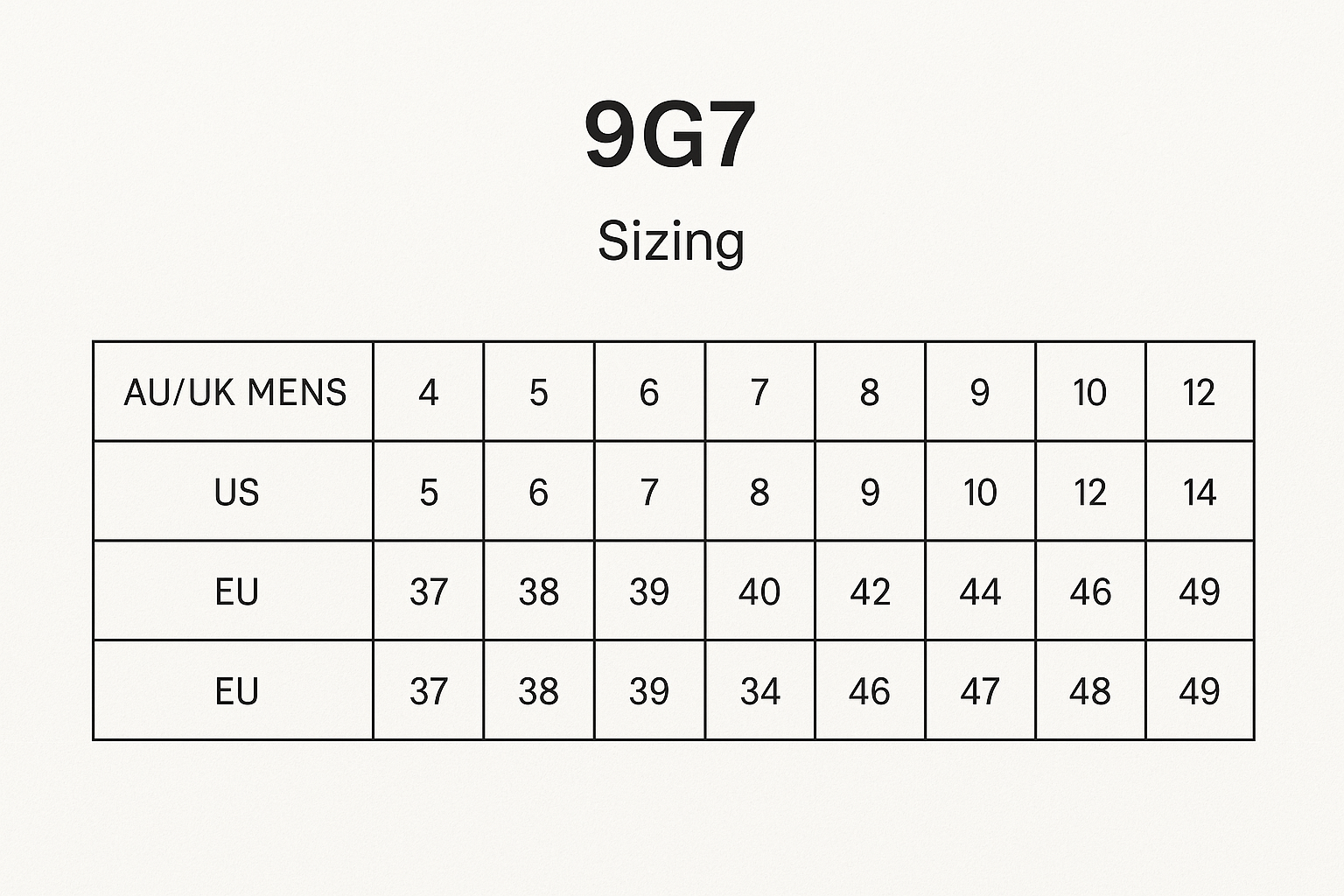 Rock Face Elastic Sided Boot size chart