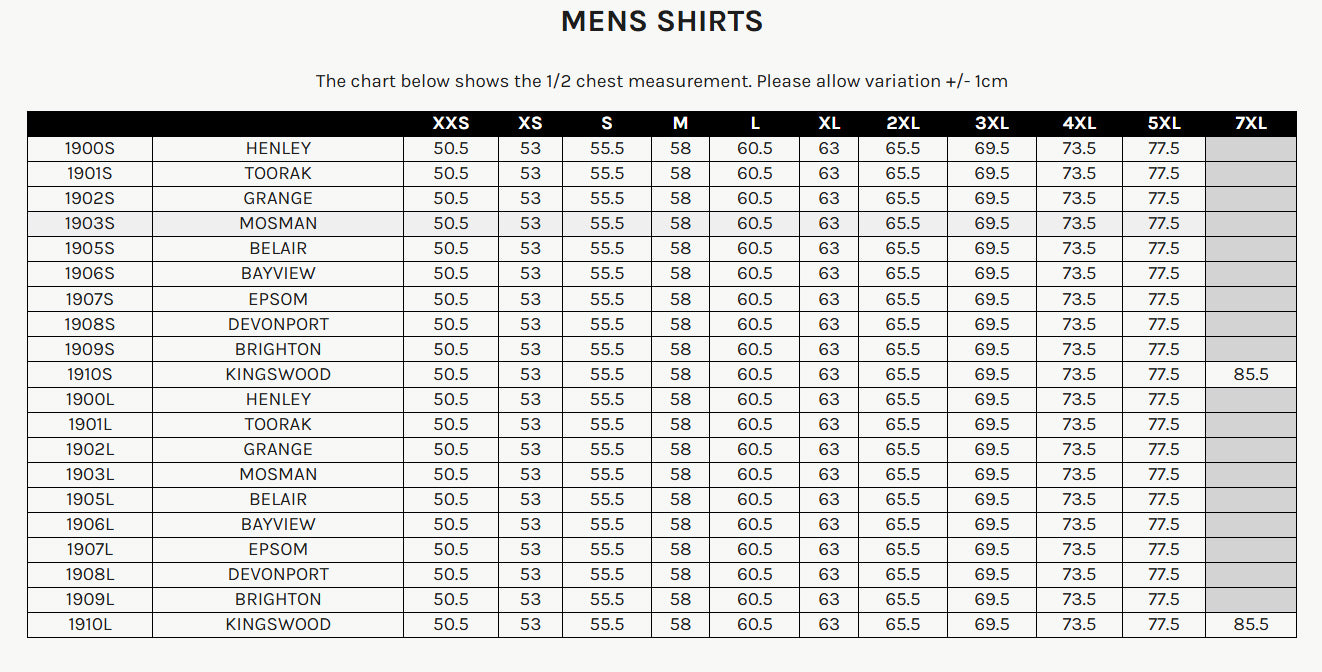 Brighton LS Shirt size chart