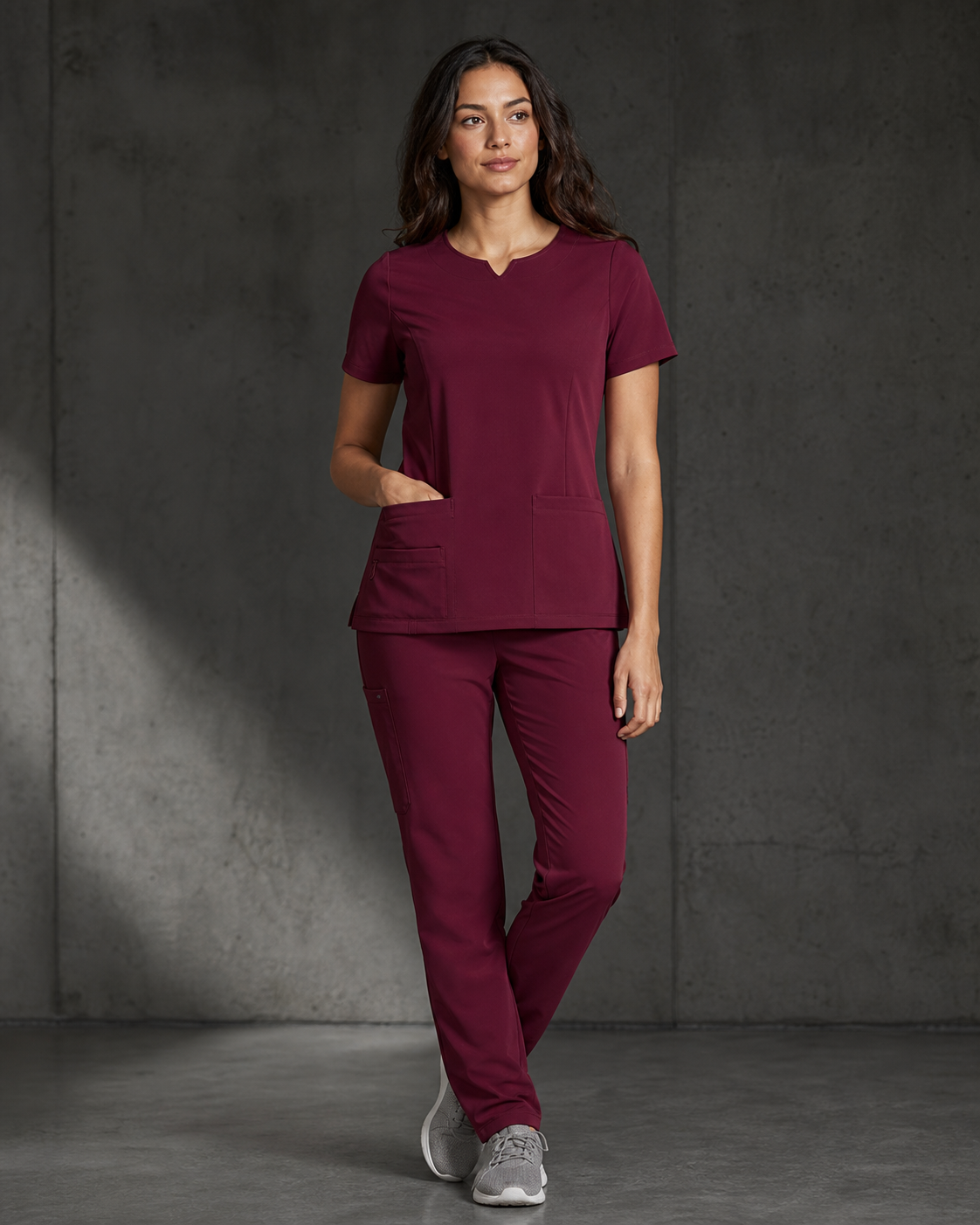 Avery Ladies Round Neck Scrub Top CST942LS in burgundy - full uniform view