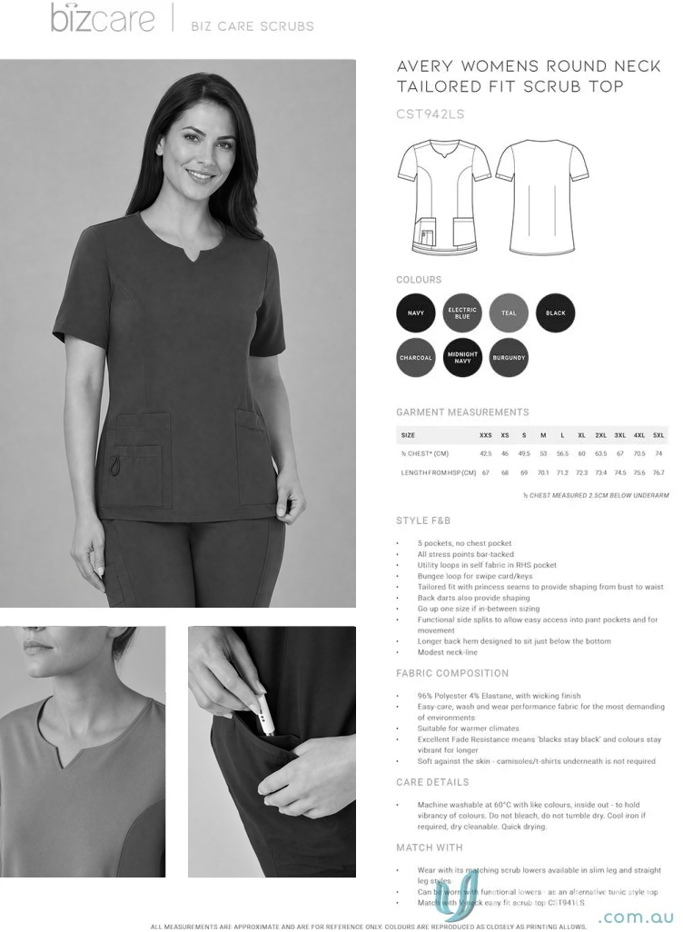 Avery Ladies Round Neck Scrub Top CST942LS product information and size details