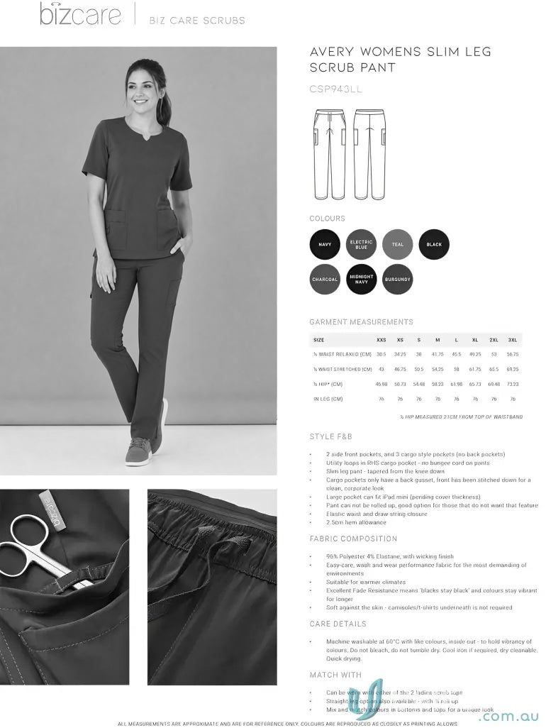 Avery Ladies Slim Leg Scrub Pant CSP943LL product information and measurements