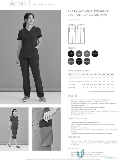 Avery Ladies Straight Leg Scrub Pant CSP944LL product specifications and size guide