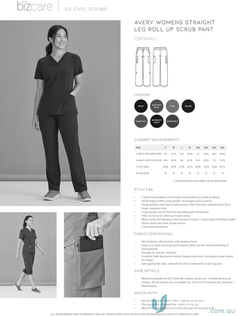 Avery Ladies Straight Leg Scrub Pant CSP944LL product specifications and size guide